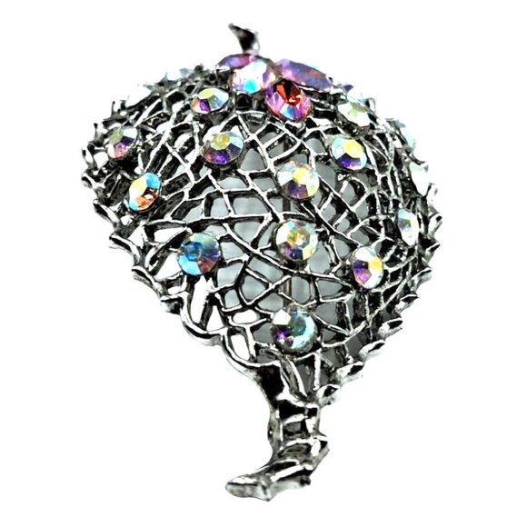 Vintage Rhinestone Leaf Brooch Domed Pin Pink Aurora Borealis Costume Jewelry - Picture 3 of 8